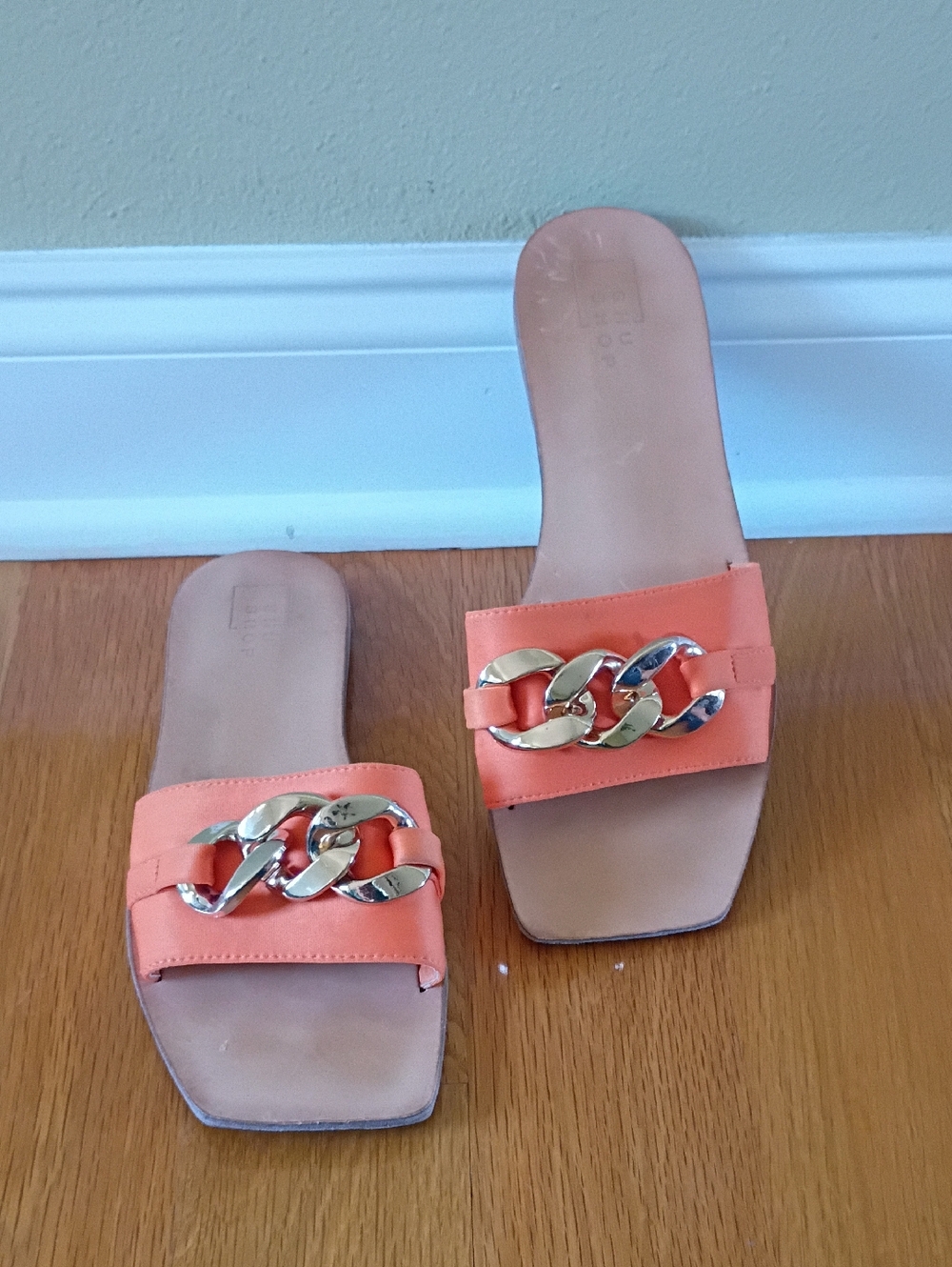 Women's  Shu Shop Coral Slide Sandals with Gold Chain Detail